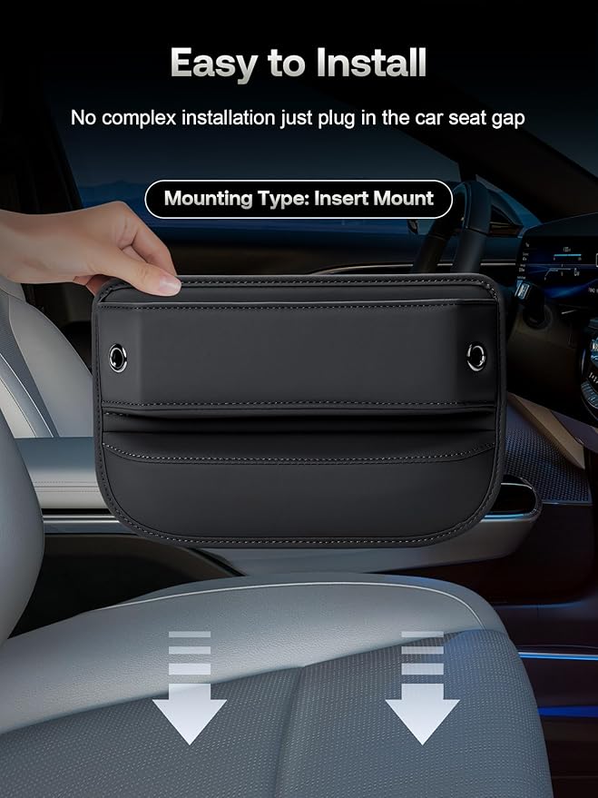 Premium Leather Car Seat Gap Filler Organizer (0.2”-1.2" Gaps), Clever Gifts for Car SUV Truck Owners (Black, 2 Pack)