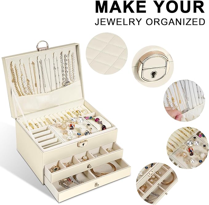 GUOER Jewelry Box for Women Girl Wife 3 Layers Large PU Leather Jewelry Organizer Storage Case with Two drawers Display for E