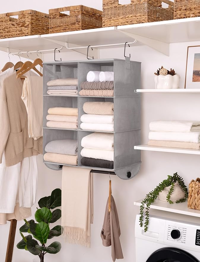 StorageWorks Hanging Closet Organizer with Metal Rod, 6-Section Closet Organizers and Storage, Collapsible Hanging Shelves fo