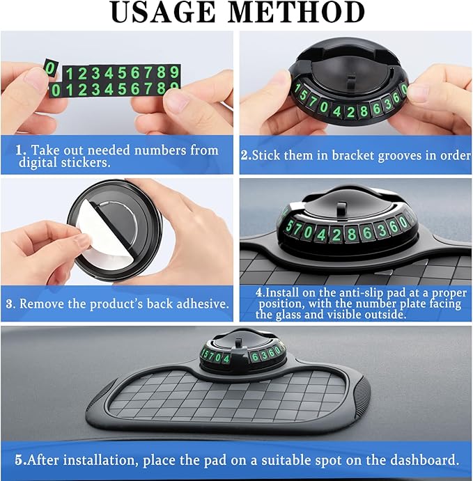 Multifunction Car Anti-Slip Mat Car Dashboard Mat 360° Rotating Adjustable Phone Holder with Hidden Parking Number Plate PVC 