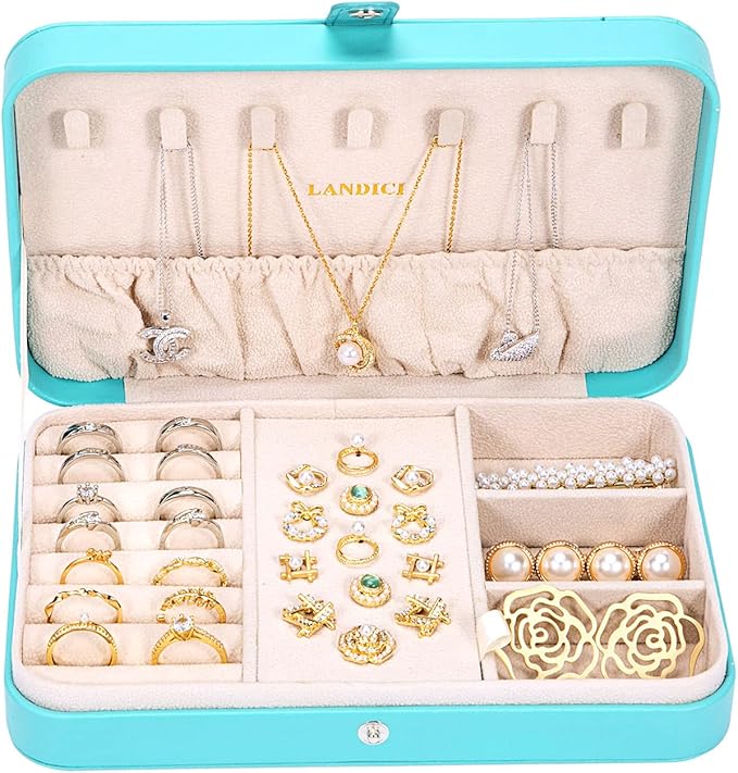 LANDICI Small Jewelry Box for Women Girls, PU Leather Travel Jewelry Organizer Case, Portable Jewellery Storage Holder Displa