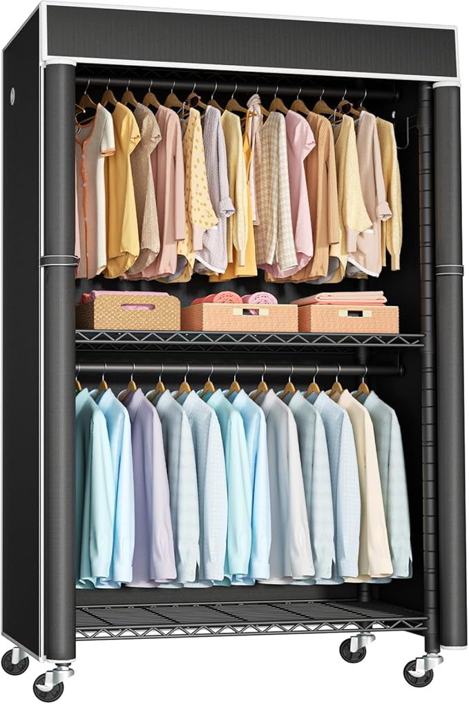 FUTASSI Clothing Rack with Cover, P1C Rolling Closets with Wheels, Metal Garment Rack for Hanging Clothes, Clothing Storage W