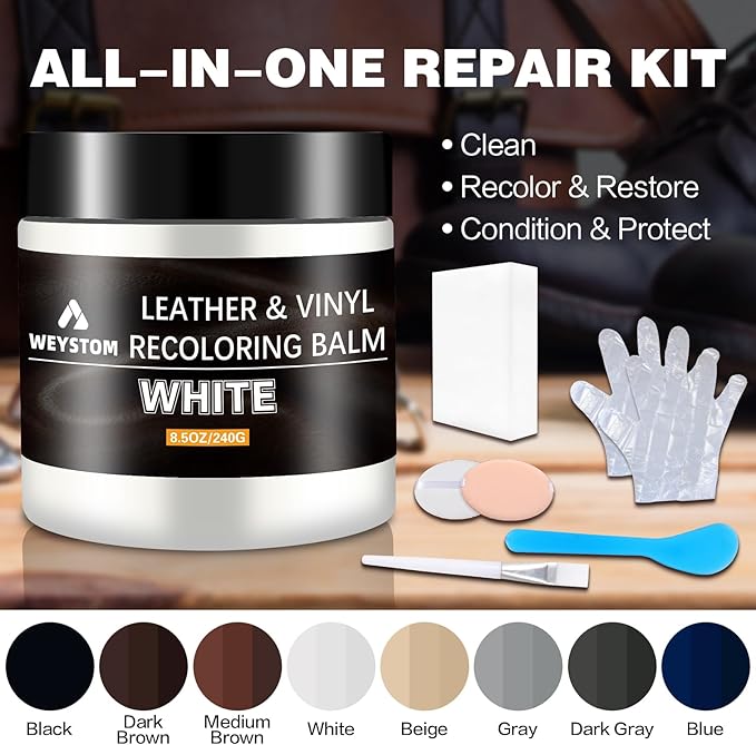 Leather Recoloring Balm - White Leather Repair Kit for Furniture, Dye, Recolor, Renew, Repair & Restore Aged, Faded, Cracked,
