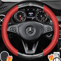 Customized Steering Wheel Cover Compatible with Mercedes-Benz, Premium Nappa Leather&Bright Carbon Fiber Texture Steering Wheel Cover, with Coasters and 3-in-1 USB Fast Charging Cable (Red)