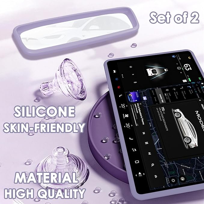 2PCS Protector Trim Frame Compatible with Tesla Model 3 Y 2020-2024 2025 2026 Screen Edge Frame Rearview Mirror Cover Interior Decorations Center Console Decor Highland Juniper Accessories (Purple)