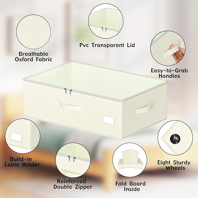 Under Bed Storage with Wheels, No Assemble Required 10 inches height Under Bed Storage bins,Large capacity Rolling Underbed S