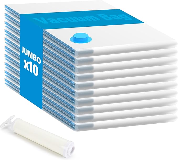 10 Jumbo Vacuum Seal Bags with Hand Pump, Vacuum Storage Bags, Space Saver Bags for Clothing, Comforters, Blankets, Bedding, 