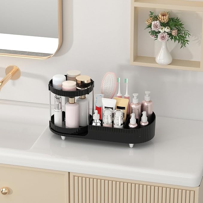 Makeup Organizer Countertop for Vanity with 360 Rotating Perfume Trays, 7-Compartment Skincare Organizers and Make Up Desk St