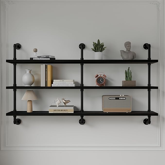 Industrial Pipe Shelving Rustic Black Pipe Wall Shelves Industrial Shelves with Wood Planks Floating Shelves 60 Inch Farmhous