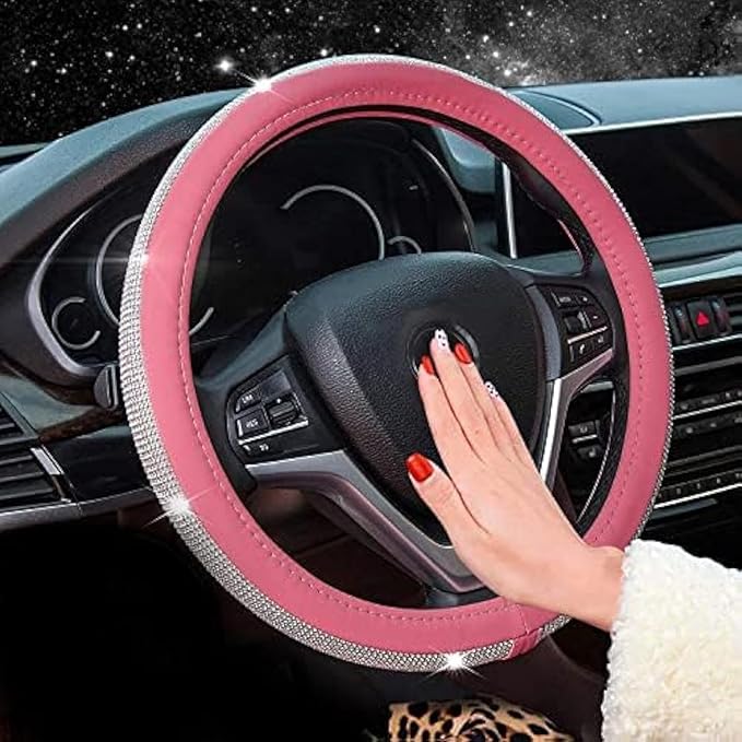 New Diamond Leather Steering Wheel Cover with Bling Bling Crystal Rhinestones, Universal Fit 15 Inch Car Wheel Protector for 