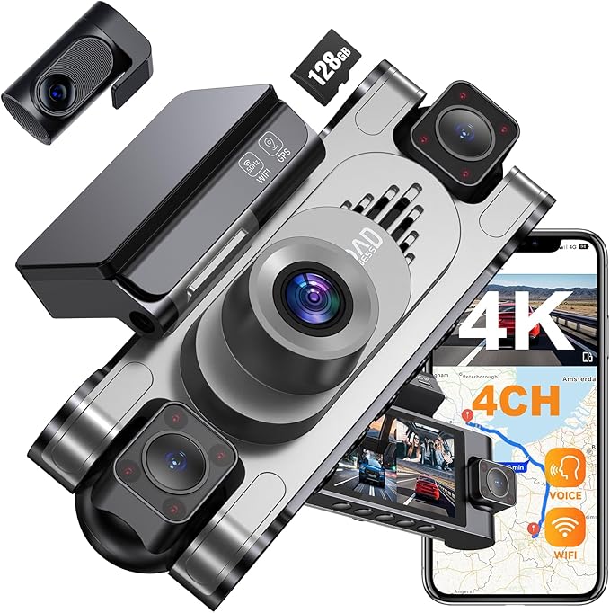 4K DashCam for Cars,4 Channel Car Dash Cam Front and Rear Inside with Voice Control,5G WiFi GPS, Night Vision, G Sensor, WDR,