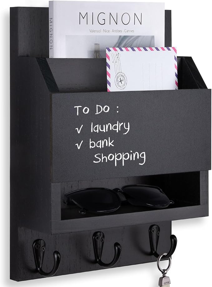 Key and Mail Holder for Wall, Key Holder with Chalkboard and Long Storage Box, Key Hanger with 3 Sturdy Hooks for Coat, Dog L