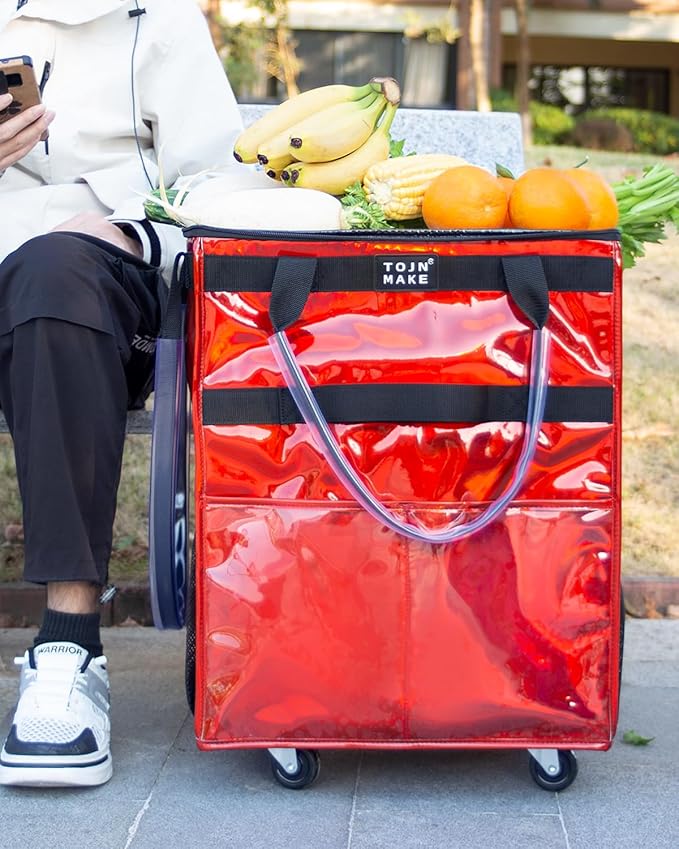 Reusable Grocery Bag On Wheels (Medium, Glitter Red), Shopping Trolley, Rolling Tote with 8 Pockets and Zipper Cover, Foldable, Heavy Duty Handles, Carries Up to 66 LBS