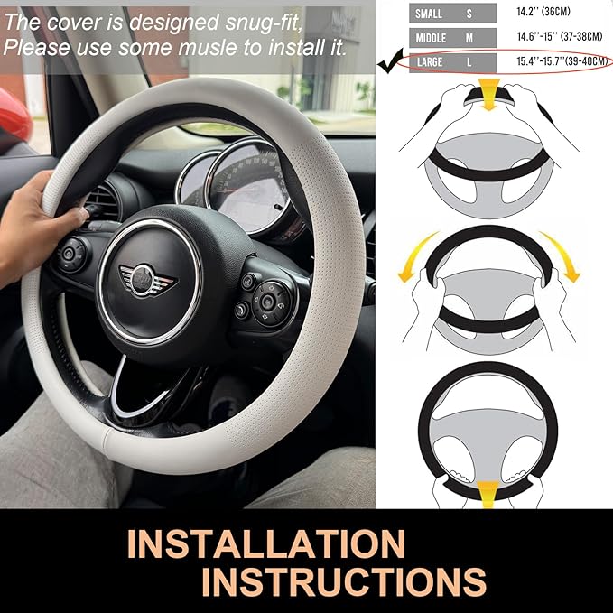 PINCTROT Large Size Nappa Leather Steering Wheel Cover, Slim Fit No Bulk Design, One Piece Leather with Breathable Perforatio