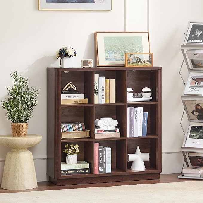 Joaxswe 9 Cube Bookshelf, 40.5" Wide Organizer Bookcase with Curved Edge, Wood Floor Standing 3-Tier Cubby Book Shelf with Ba