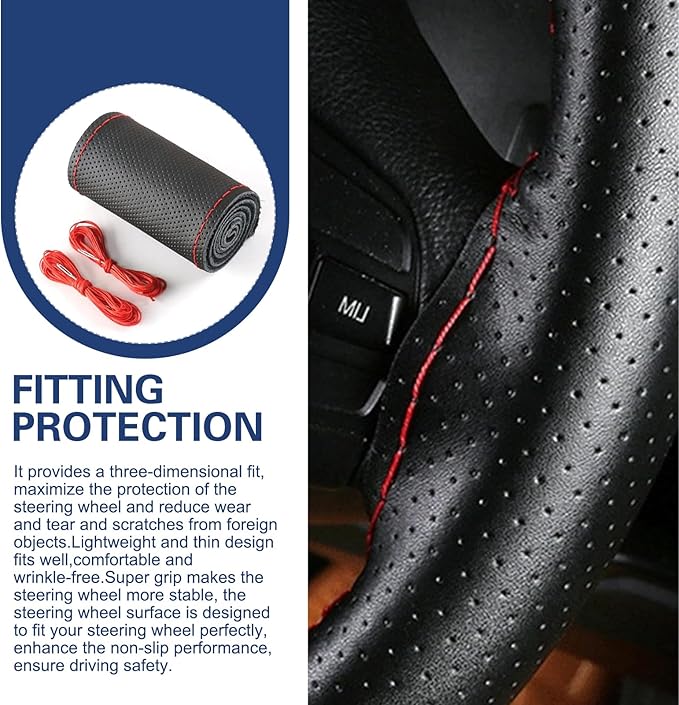 WZP Genuine Leather Steering Wheel Cover, Custom Stitch On Steering Wheel Wrap, Breathable Non-Slip Steering Wheel Protector 