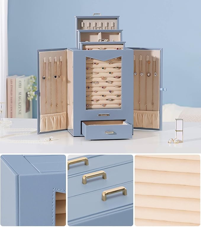 Homde Jewelry Organizer with Transparent Window Necklace Hooks Gift for Women Jewelry Box Display Case for Necklaces Rings Ea