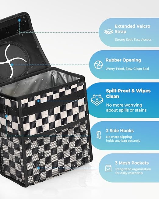 Corduroy Car Trash Can with Lid and Mesh Pockets - Leakproof Organizer,Multipurpose Waterproof Garbage Can/Trash Bin for Car(Black and White Check-2 Gallons)