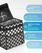 Corduroy Car Trash Can with Lid and Mesh Pockets - Leakproof Organizer,Multipurpose Waterproof Garbage Can/Trash Bin for Car(Black and White Check-2 Gallons)