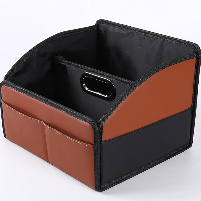 [2025 UPDATED] Leather Car Seat Organizer, Foldable Storage Box for Front Seat, Back Seats & Floor - Removable Divider,