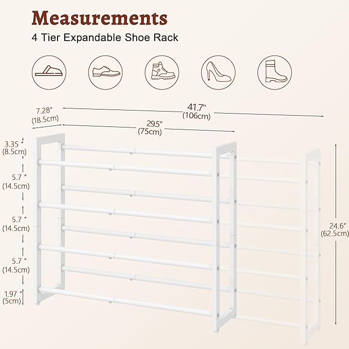 FAVOOSTY 4-Tier Expandable Shoe Rack, Adjustable Shoe Shelf Storage Organizer Space Saving Metal Free Standing Shoe Rack for 