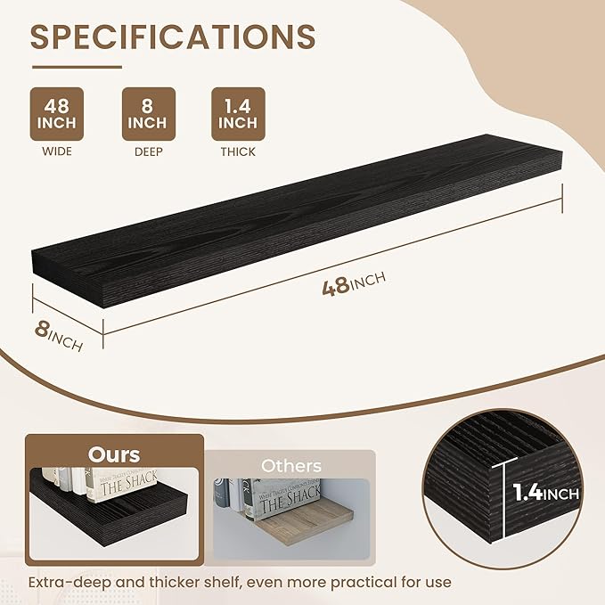 Dreamland 48 Inches Floating Shelves for Wall, 8" Deep Long Floating Shelves Set of 1, Large Display & Storage Shelf, Wall Sh