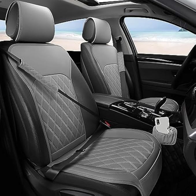Sanwom Front Car Seat Covers - Leather Seat Covers with Storage Pocket and Two Belt Pads, Anti-Slip Waterproof Universal Seat
