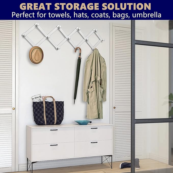 Amber Home Wood Accordion Wall Rack 13 Hooks (Pegs), Expandable Wall Mounted Hanger for Coat, Hat, Scarf, Coffee Mugs, X Shap
