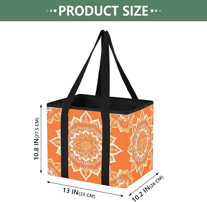 Orange Mandala Reusable Grocery Bags Large Shopping Tote Bag with Reinforced Bottom Board, Water Resistant Foldable Storage B