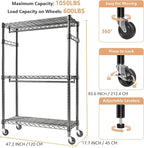 M MZG Heavy Duty Rolling Garment Rack 3 Tiers Adjustable Wire Shelving Clothes Rack with 2 Rods and Side Hooks, Storage Close