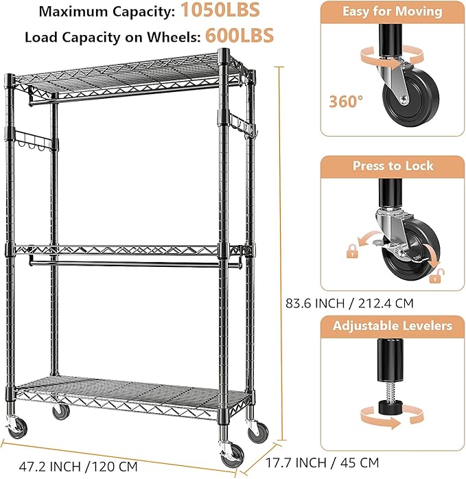 M MZG Heavy Duty Rolling Garment Rack 3 Tiers Adjustable Wire Shelving Clothes Rack with 2 Rods and Side Hooks, Storage Close