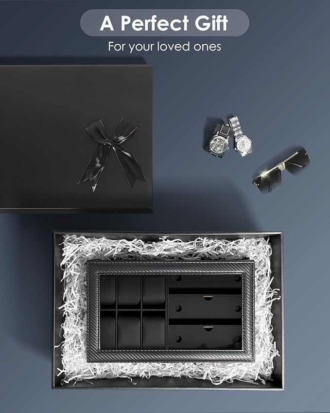 Kukikan Watch Jewelry Box Organizer, 6-Slot 2-Layer Watch Case and Sunglasses Storage with Large Glass Lid, Mens Jewelry