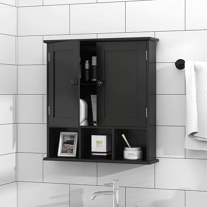 TaoHFE Black Bathroom Over The Toilet Storage Cabinet,Wall Medicine Cabinet Organizer with 2 Door Adjustable Shelves,Wooden M