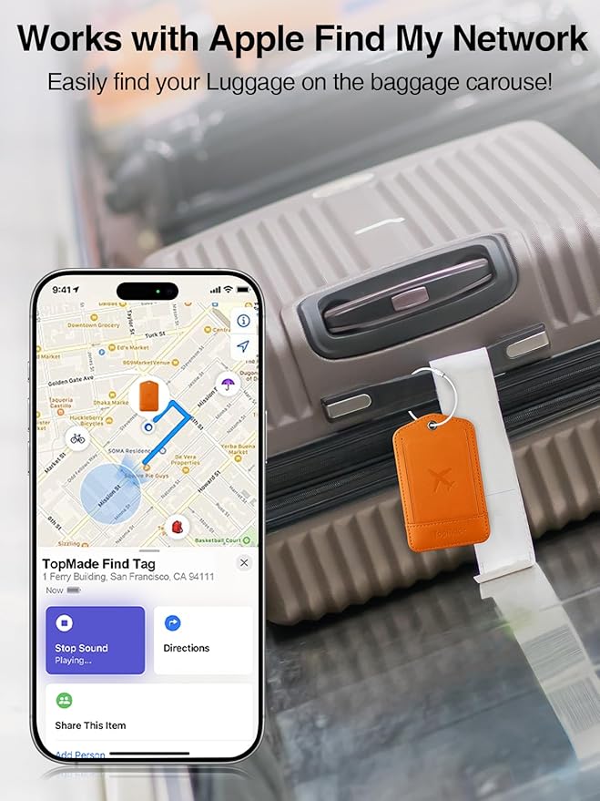 TopMade Smart Luggage Tag with Find My, Premium Leather Luggage Tags for Suitcase, Travel Bags, Backpacks, Anti-Lost Suitcase