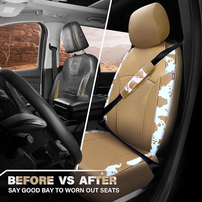 CAR PASS Cow Print Faux Leather Car Seat Covers & Cow Car Mats & Cow Steering Wheel Cover Seat Belt Pads Universal fit for SU