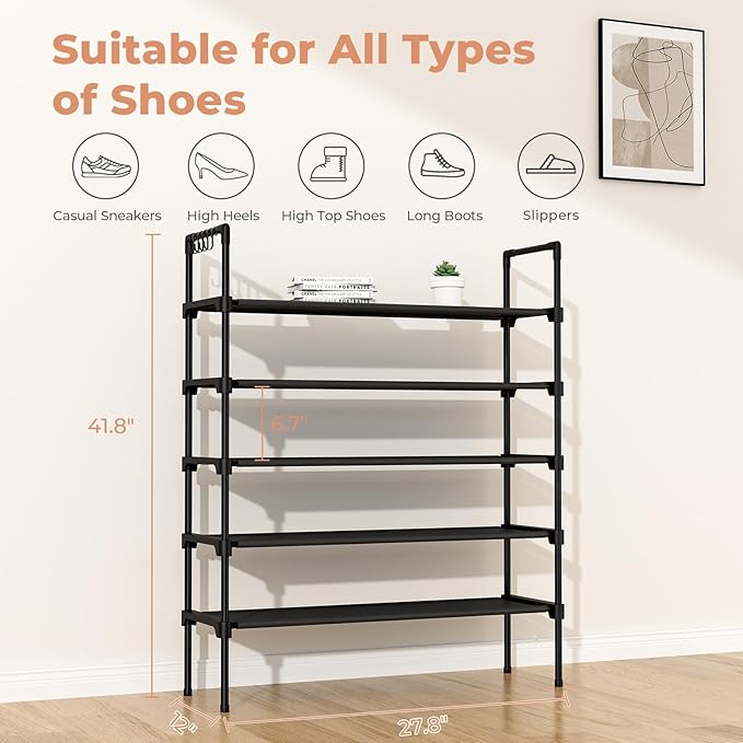 LANTEFUL 5 Tier Shoe Rack for Closet Shoe Organizer with 5 Hooks, Long Shoe Shelf Storage for Shoe and Boot Stackable Free St