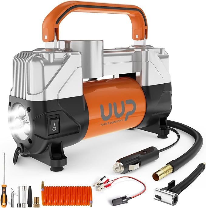 Tire Inflator Air Compressor, 150PSI 12V DC Double Cylinders Heavy Duty Portable Air Pump w/Emergency LED Light for Truck, SUV, Car, RV