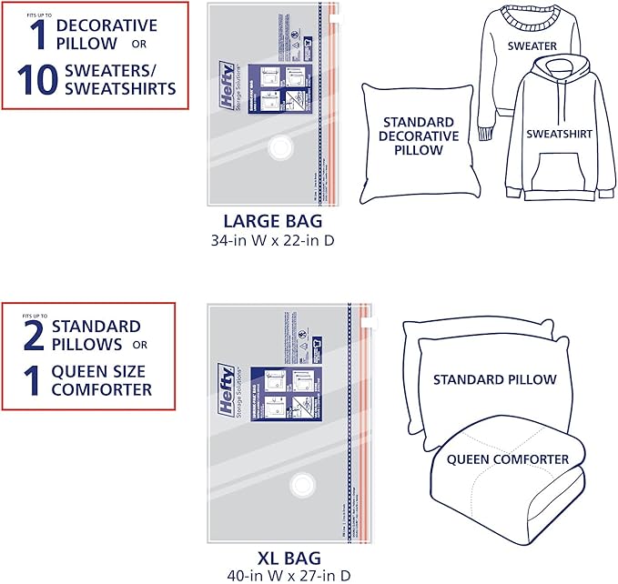 Hefty Shrink-Pak Vacuum Storage Bags - Space Saver for Under Bed Storage, Clothing and Comforters, Odor Resistant, 3X More St