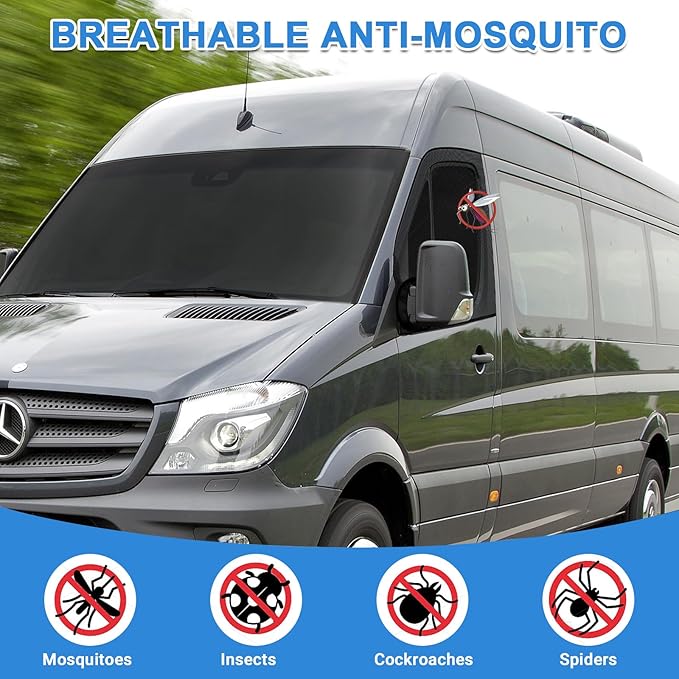 Double Layers Side Window Sunshade Magnetic Bug Screen for Front Doors, Pair Window Bug Screen & Sunshade Curtain Compatible with Mercedes Sprinter 2007-2025