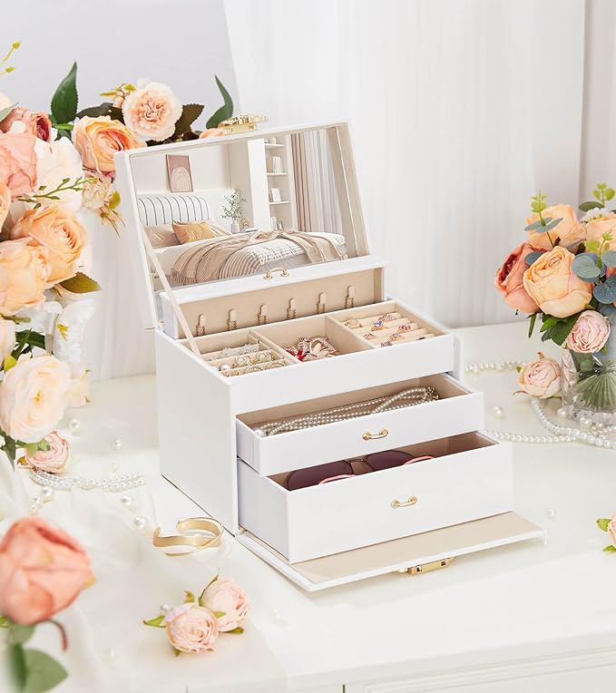 Enthralite Jewelry Box with Lock for Girls: Jewelry Organizer for Dresser - 3-Drawer Earrings Storage Girls Women Gift (White