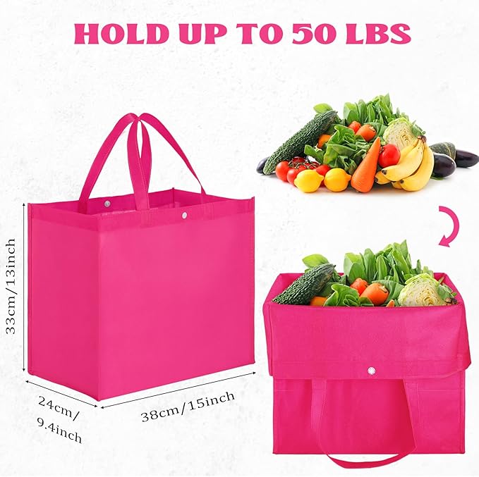 Boao 48 Pack Reusable Grocery Bags 13''L x 9.4''W x 15''H Large Foldable Shopping Tote Bag Non Woven with Handle and Button