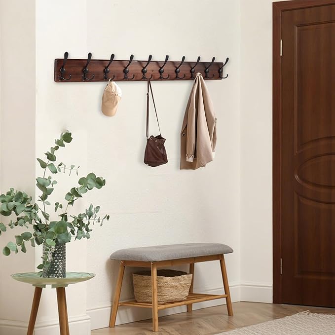 Kuhome 38.6'' Large Coat Rack Wall Mount Coat Hooks Coat Hanger with 10 Metal Black Triple- Hooks Brown Pine Real Wood Plank 