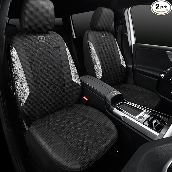 CAR PASS Oxford Bling Diamond Car Seat Covers 2 Front Interior Sets, Waterproof Shining Glitter Sparkly Crystal Universal Arm