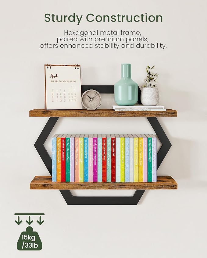 Hexagon Floating Shelves and Floating Shelves Set of 3 Bundle, Wall Mounted Storage Shelves, for Living Room, Bedroom, Kitche