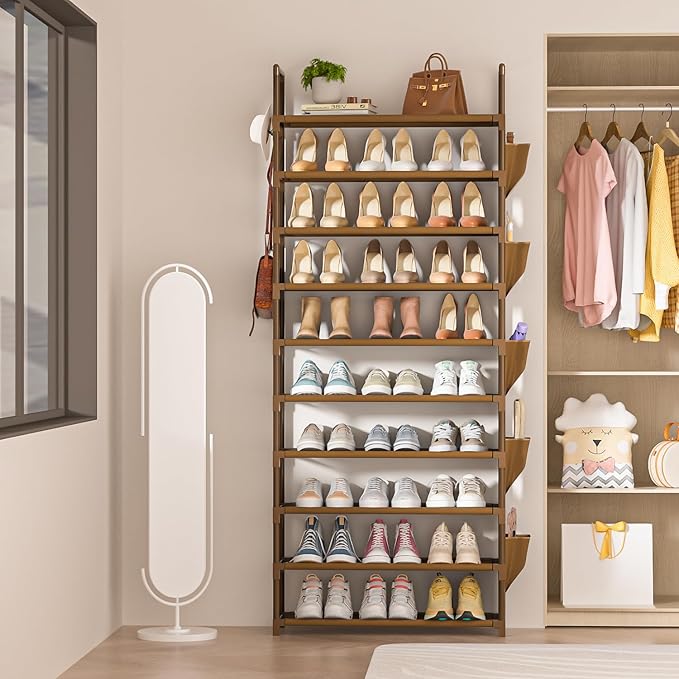 LUKYTOWER Tall Shoe Rack - 10 Tier Organizer for Closet, 30-35 Pairs, Large Capacity with 5 Hooks and Side Pocket, Sturdy Met