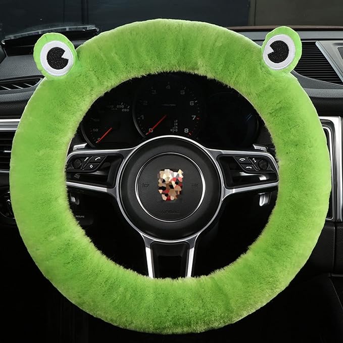 U&M 3 Pcs Set Fluffy Genuine Sheepskin Car Steering Wheel Cover with Handbrake Cover & Gear Shift Cover Fuzzy Wool Fur Soft Warm Winter (Green Frog, Shearling Wool)