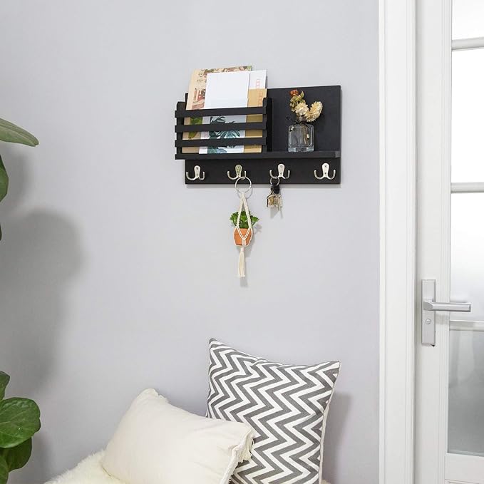 Dahey Wall Mounted Mail Holder Wooden Key Holder Rack Mail Sorter Organizer with 4 Double Key Hooks and A Floating Shelf Rust