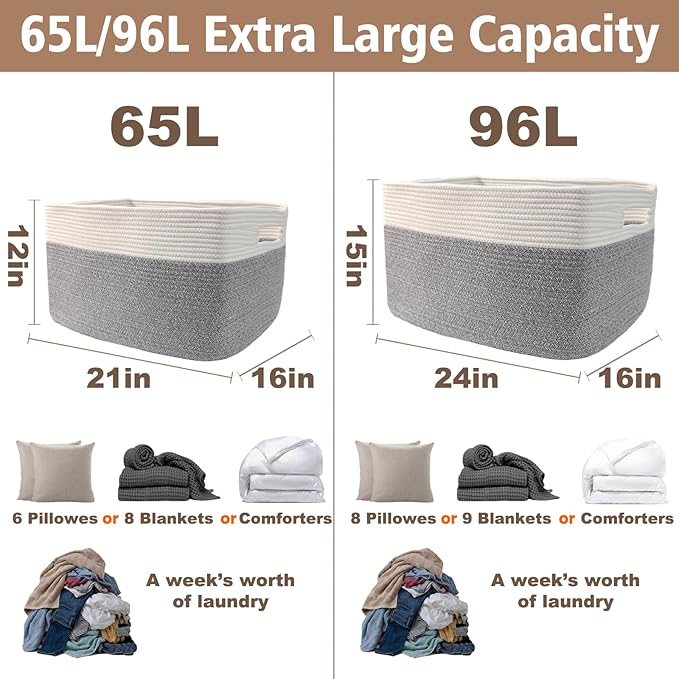 JMvicyroam Woven Blanket Basket,96L Large Storage Bin for Blankets Toys Clothes,Decorative Rope Basket for Living Room Bedroo