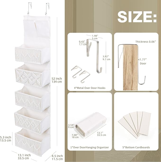 ANTIS'S HOME Over the Door Organizer Macrame Boho Nursery Storage with 5 Large Woven Pockets, Hanging Closet Basket for Bathr