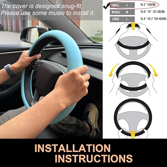 PINCTROT Nappa Leather Steering Wheel Cover for Tesla Model Y/3 Highland/Juniper, D Shaped 14 Inch Small Sized with Breathabl